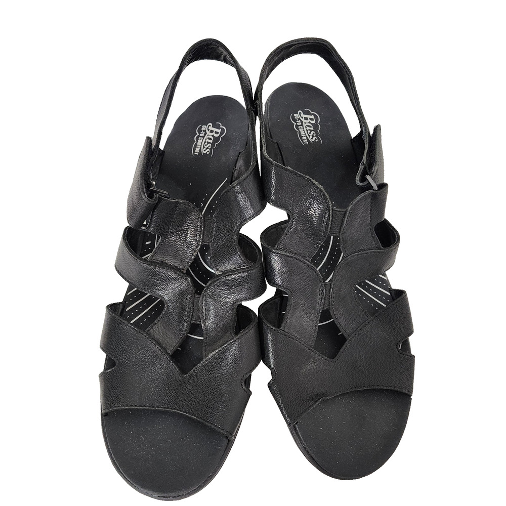 Bass Lite Ronda Strappy Black Leather Wedge Sandals Open Toe Slingback Size 10W